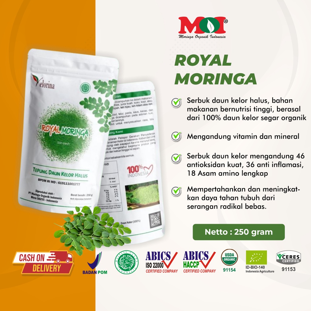 KELORINA - Serbuk Daun Kelor Royal Moringa Powder 250 Gram Daun Kelor Premium Bubuk Kelor Kelorina MOI Keloreena Original Ori 100% Kapsul