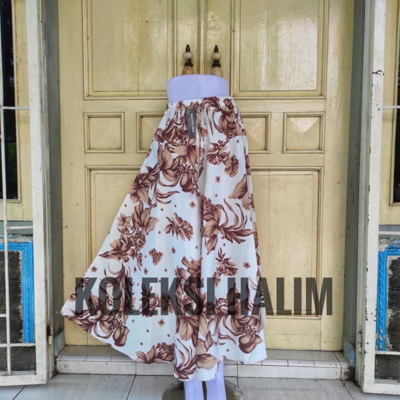 ROK PAYUNG LEBAR/ROK KATUN/MOTIF BUNGA LOTUS-Putih