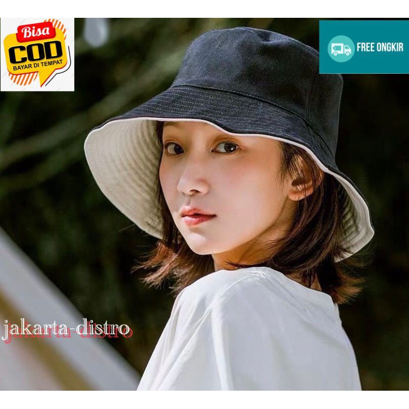 BUCKET POLOS BOLAK-BALIK PRIA WANITA BAHAN DRILL-BISA COD