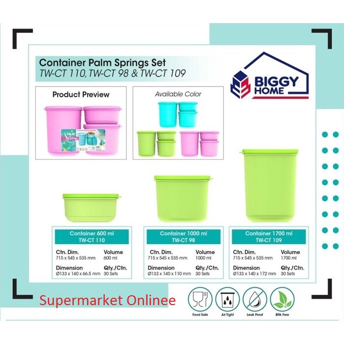 Toples Bulat Set Isi 3 Palm Spring Biggy Wadah Box Kotak Kue Makanan Serbaguna Thinwall 600ml 1000ml 1700ml