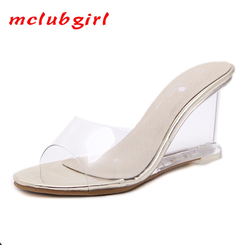 Mclubgirl 2021 Sepatu Wanita Heels 8 Cm Wedge Heel Sandal Sepatu Wanita Sandal Kristal Transparan Wa