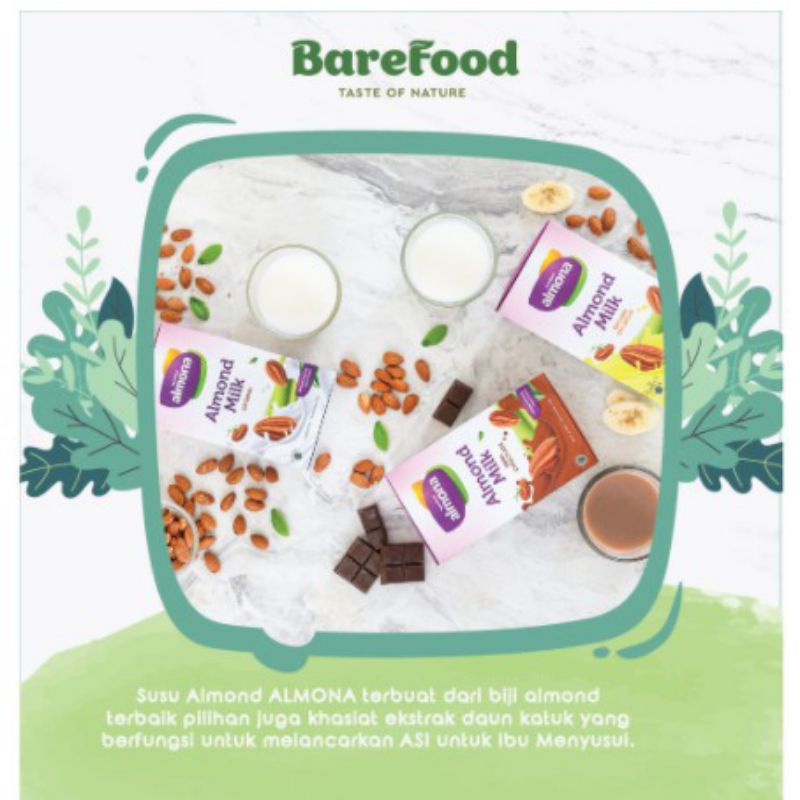 Almona Almond Milk Powder susu kacang almon asli pelancar asi dengan daun katuk Asi Booster original vanilla coklat mocha tiramisu matcha green tea strawberry Barefood