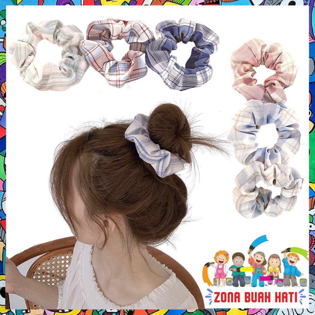 ZBH Ikat Rambut scrunchie Elastis Motif Kotak Garis Bahan Katun Gaya Korea Isi 3 Pcs Free Pouch