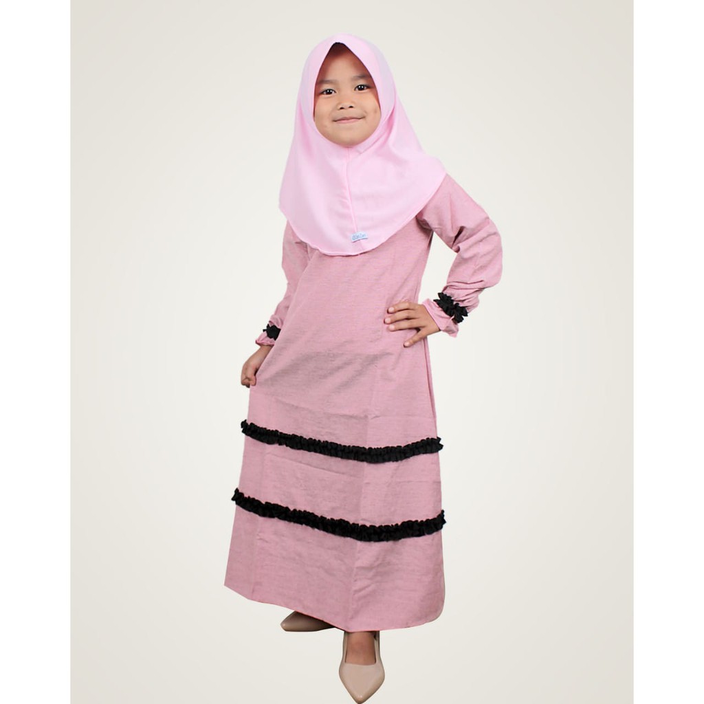 Salim Moslem–Busana Muslim/Gamis Anak Perempuan Daily Triji Variasi Pita Navy-Coklat-Pink-Hitam