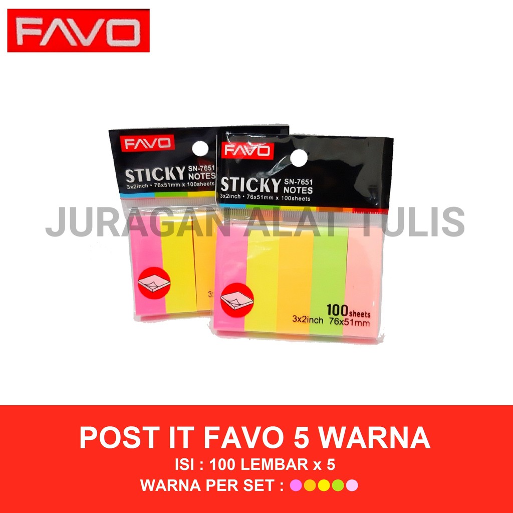 

POST IT / STICKY NOTES / MEMO STICK 5 WARNA FAVO UKURAN 76X51 MM