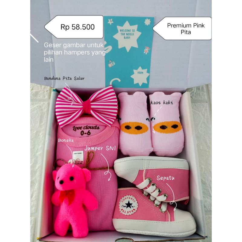 Hampers Bayi Newborn Baby Gift Set Unisex Kado Kelahiran Parcel Bayi Laki-laki Perempuan + Extra Kardus-Premium Pink Pita