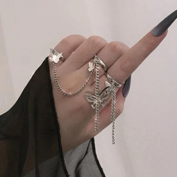 Korean Style Butterfly Rings Set Tassel Chain Adjustable Ring for Women Fashion Accessories Jewelry