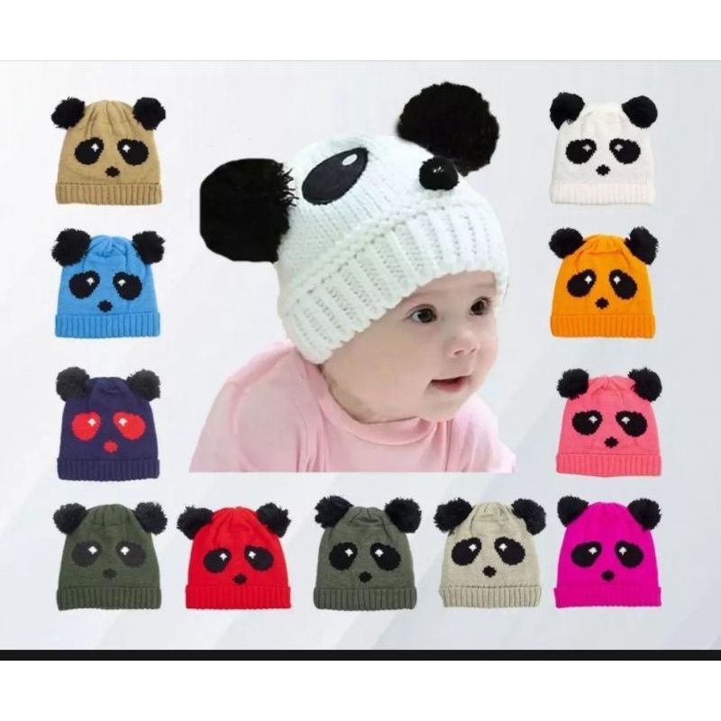 Kupluk anak pompom panda / kupluk panda print no tekstur