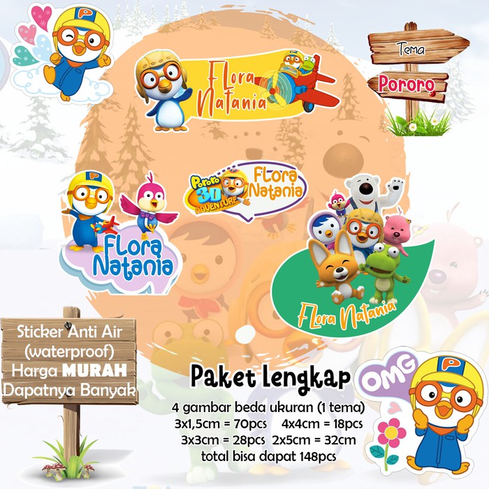 

Sticker Nama Lucu/Custom/Kartun/Cartoon/Waterproof - PORORO 95pc