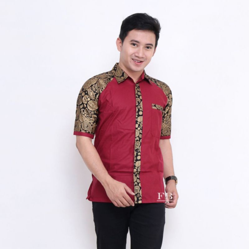 baju koko pria muslim kemeja hem kombinasi batik lengan pendek