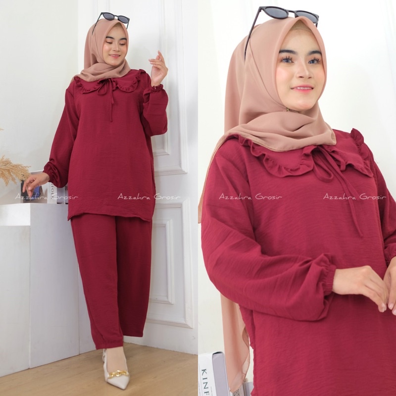 Azzahra Yuki Set Ld112 - SetCel Crinkle Jumbo Bigsize Oversize Kerah Pita tali One Set Setelan Wanita / 358-6889