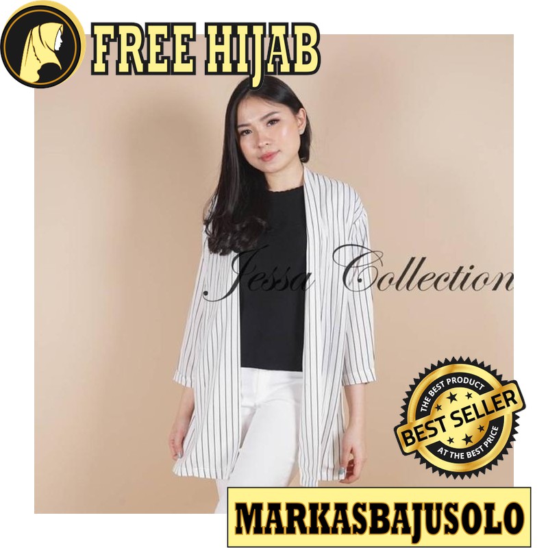 LONG CARDI STRIPE SALUR MONALISA PREMIUM / CARDIGAN WANITA PANJANG RAJUT MOTIF BATIK PUTIH