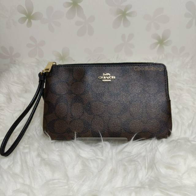 ORIGINAL Dompet Coach Large Double Zip Wristlet Sign Brown Mahogany