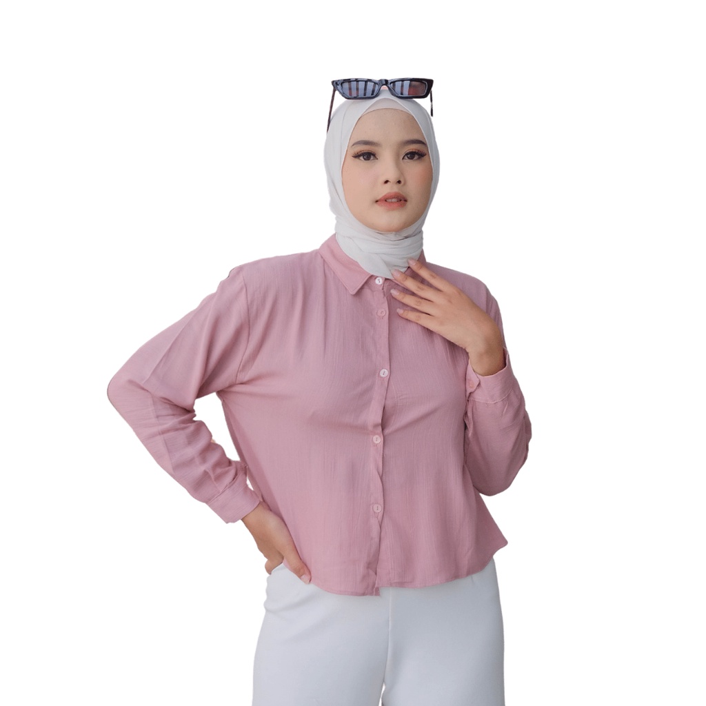 Hanin Crop Rayon Crincle/ Kemeja Crop fhanel Premium Keisya Crinkle AirFlow/ KEMEJA CRINCLE PUSATGROSIR_SOLO