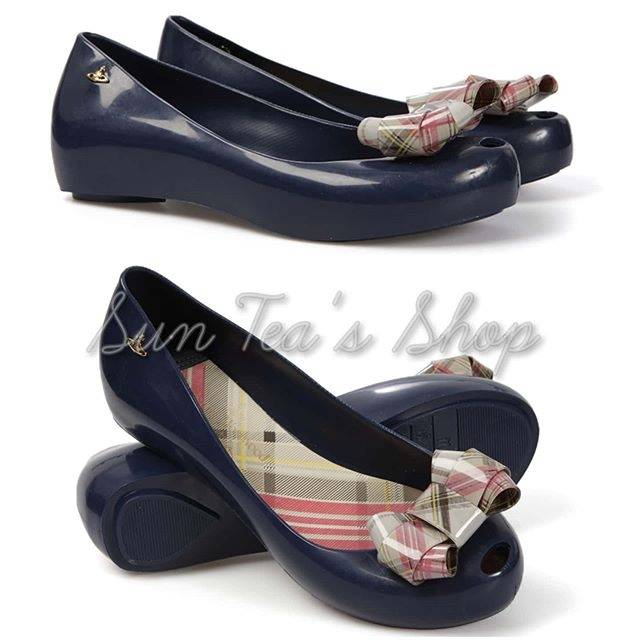 Authentic Melissa Ultragirl Vivienne Westwood tartan bow navy flats shoes sz38