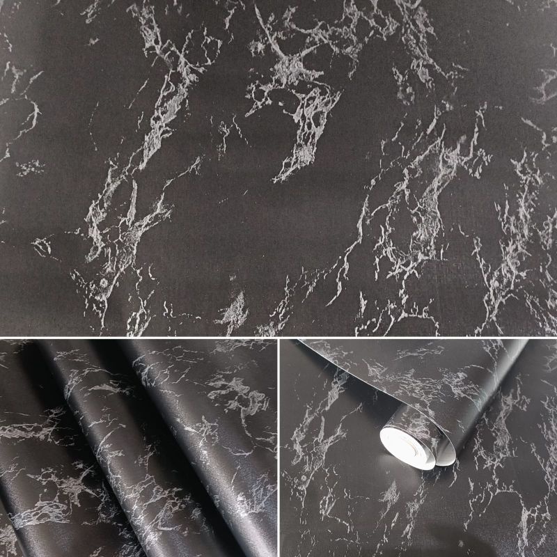 COD ( BAYAR DI TEMPAT ) Wallpaper Sticker Dinding Bertekstur Salur Daun Ungu Pink Putih Cream Biru Abu Hitam Navy Hijau Tosca Kuning Merah Coklat Salur Bunga Batik Batu Bata 3D Kotak Segitiga minimalis Baju Celana Sendal Kaos Gamis Celana Dalam Kosmetik-MARMER HITAM SILVER