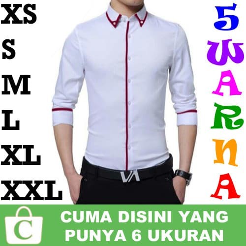 KEMEJA PRIA HEM COWOK LENGAN PANJANG POLOS GARIS TENGAH PUTIH MERAH TERHITS