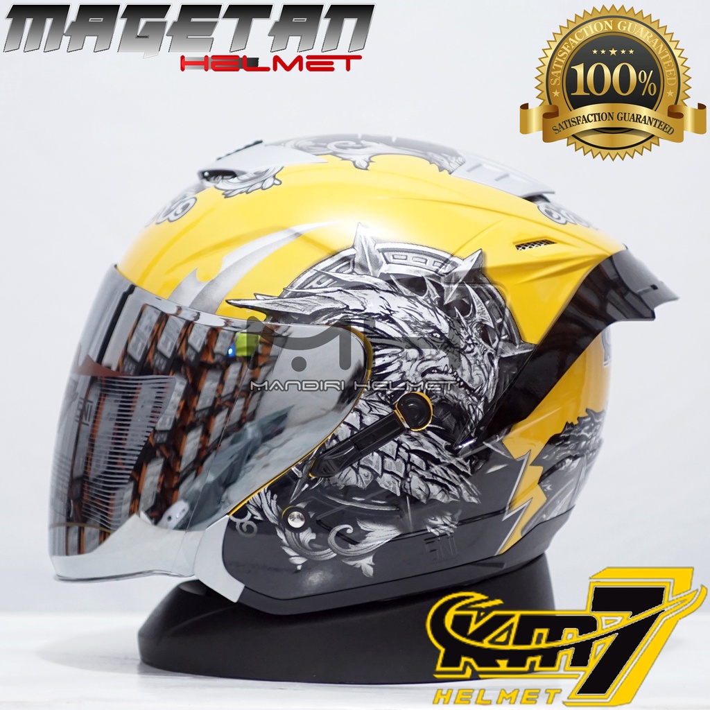 (Paket ganteng spoiler) HELM KM7 SEVEN KING BLACK GLOSSY SILVER-YL/SIL + Spoiler