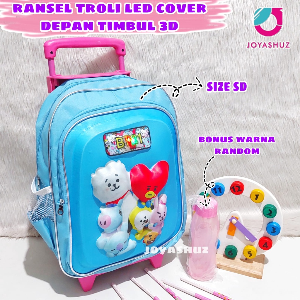 Tas Troli BT 3D LED Anak SD Berbonus - Ransel Troli Timbul LED - Tas Sekolah Anak SD Troli Karakter - Tas Dorong Anak Perempuan SD Gratis Botol Dan Misting - Tas Sekolah Anak Perempuan Karakter Lucu - Joyashuz
