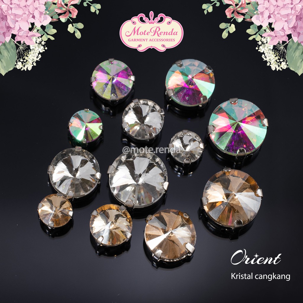 Kristal jahit cangkang orient, bentuk rivoli, rhinestones with claws kode 0ROR