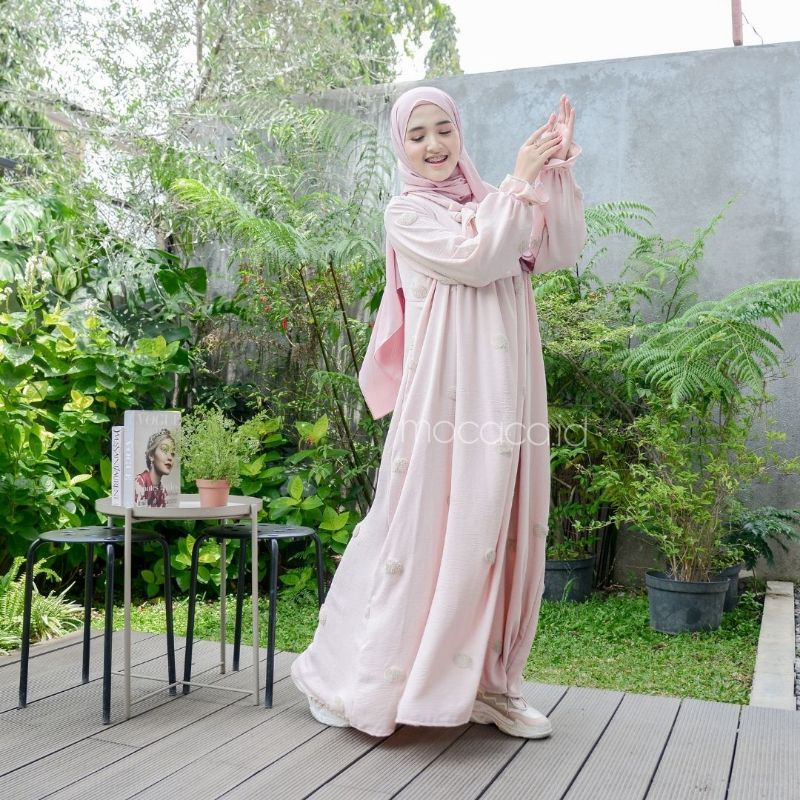 Dress Lebaran Premium Bahan Crincle Embroidery timbul lengan karet baby pink baby blue hitam