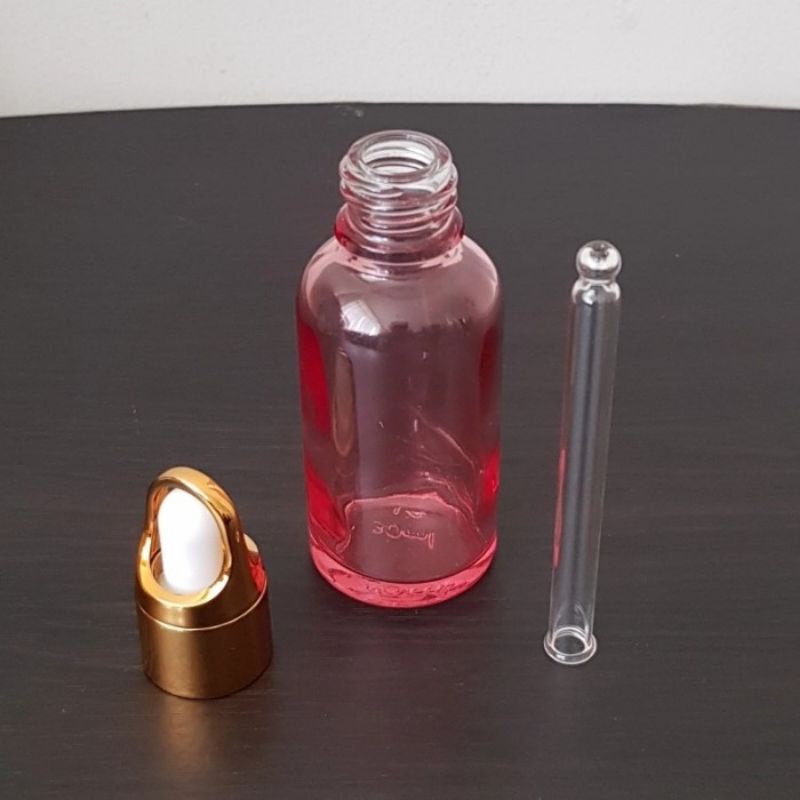 botol kaca pipet 30ml tebal pink clear ring gold