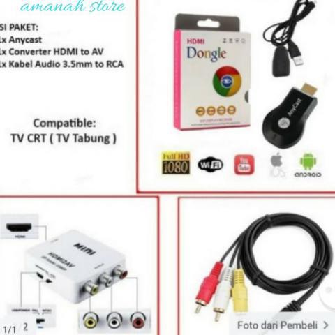 Ready&Siapkirim Anycast Wifi Dongle + Conventer Hdmi To Rca + Kabel Rca Ke Tv Tabung