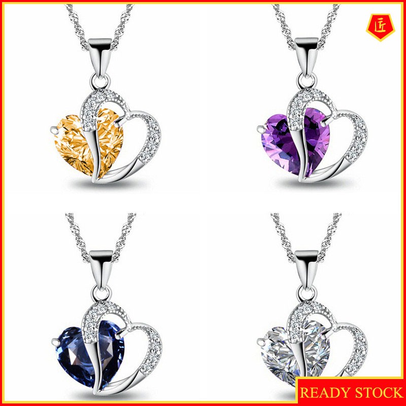 [Ready Stock]Heart-Shaped Crystal Pendant Romantic Purple Necklace Heart Crystal