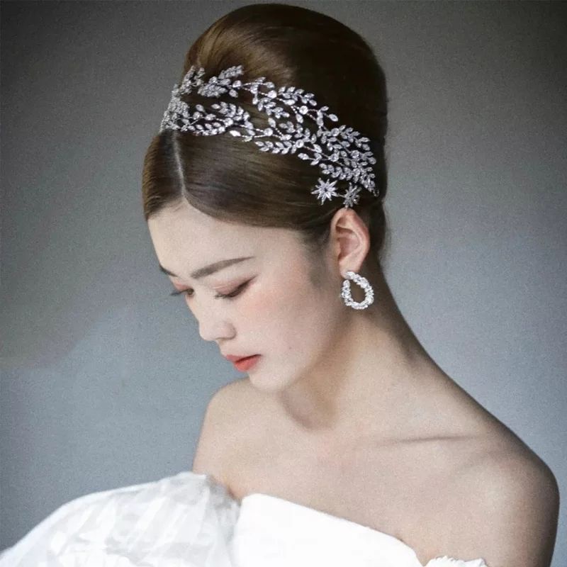 Premium zirconia leaves headband wedding hairpiece