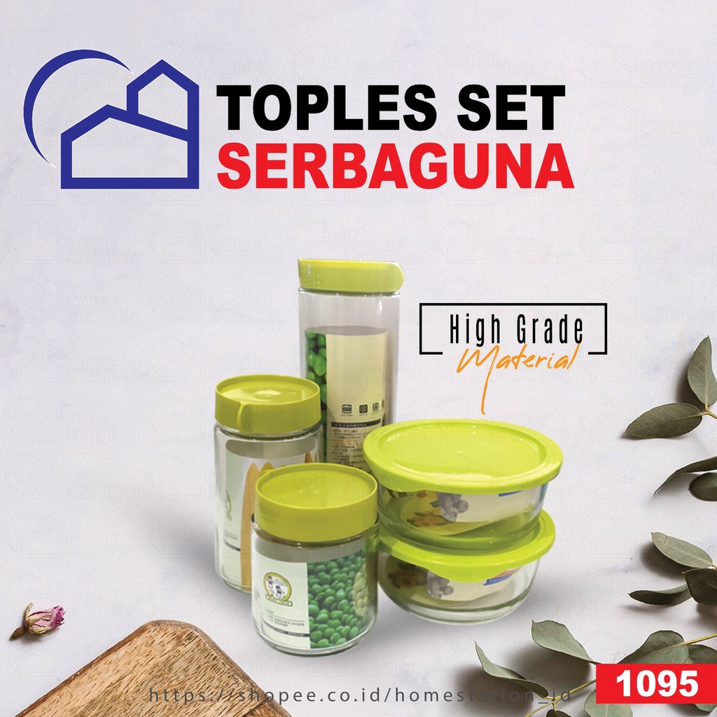 Toples Kaca Serbaguna 5 set / Toples Kaca Multifungsi 1 set isi 5 / Toples Kaca Kue Snack / Bahan makanan 1095