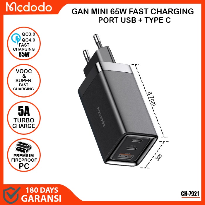 {SuheStore} Adaptor Kepala Charger MCDODO Dual Port USB  Type C 45W - 47W CH-8000 - ADP TRIPLE 65W B