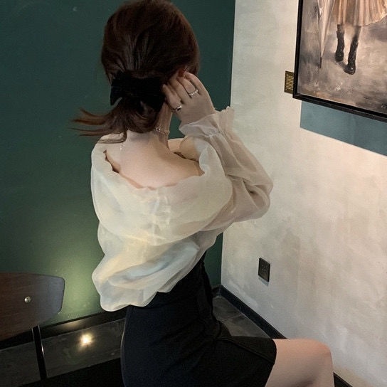 Suhao Lin Shanshan &quot;Peri Hazy&quot; Satu kata leher off-shoulder kemeja sifon peri wanita atasan lembut