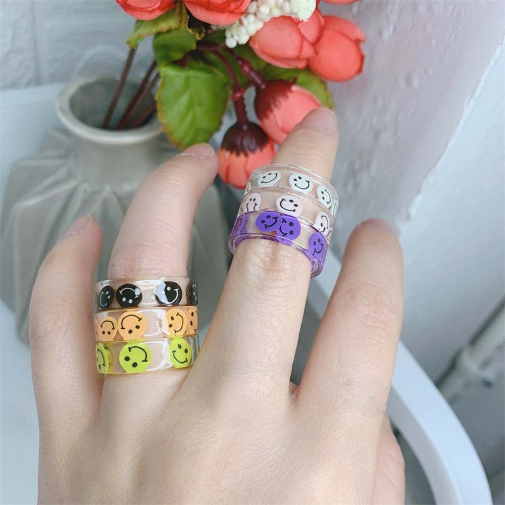 Mxbeauty Cincin Jari Bahan Akrilik Warna Permen Motif Kartun Smile Gaya Korea Vintage Untuk Wanita