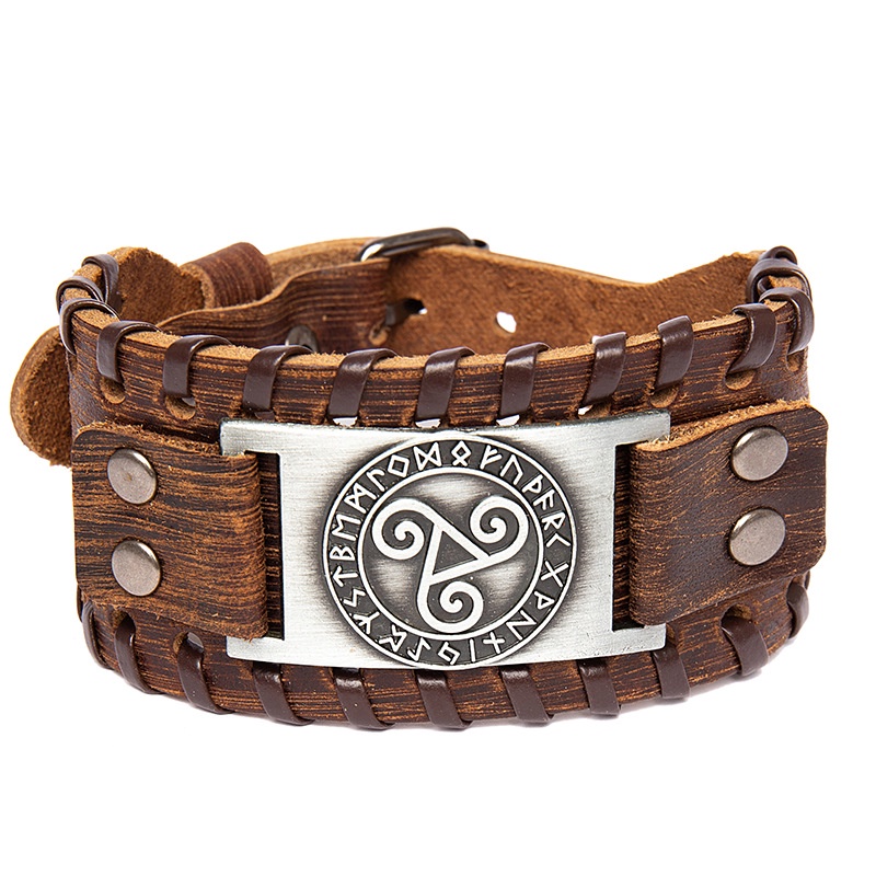 [Z H Perhiasan] Hip Hop Rock Retro Pria Fashion Stainless Steel Viking Solomon Rune Gelang Kulit Pesta Perhiasan Aksesoris