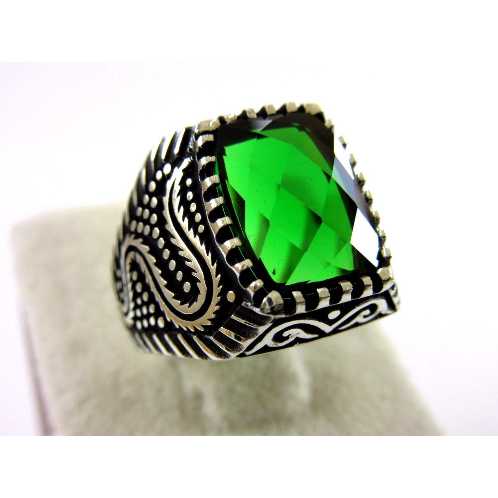 Cincin Pria Turkish Handmade Real Perak925 Green Emerald Size 7.75