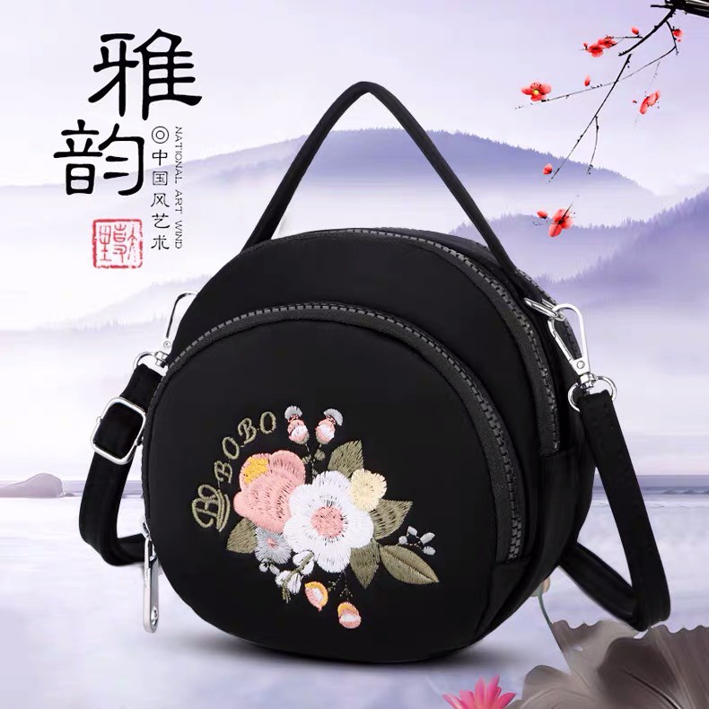 Tas Wanita Import Jinjing dan Selempang BOBO Mini BB9041 9041 Bordir Bunga Bahan Parasut Kualitas Su