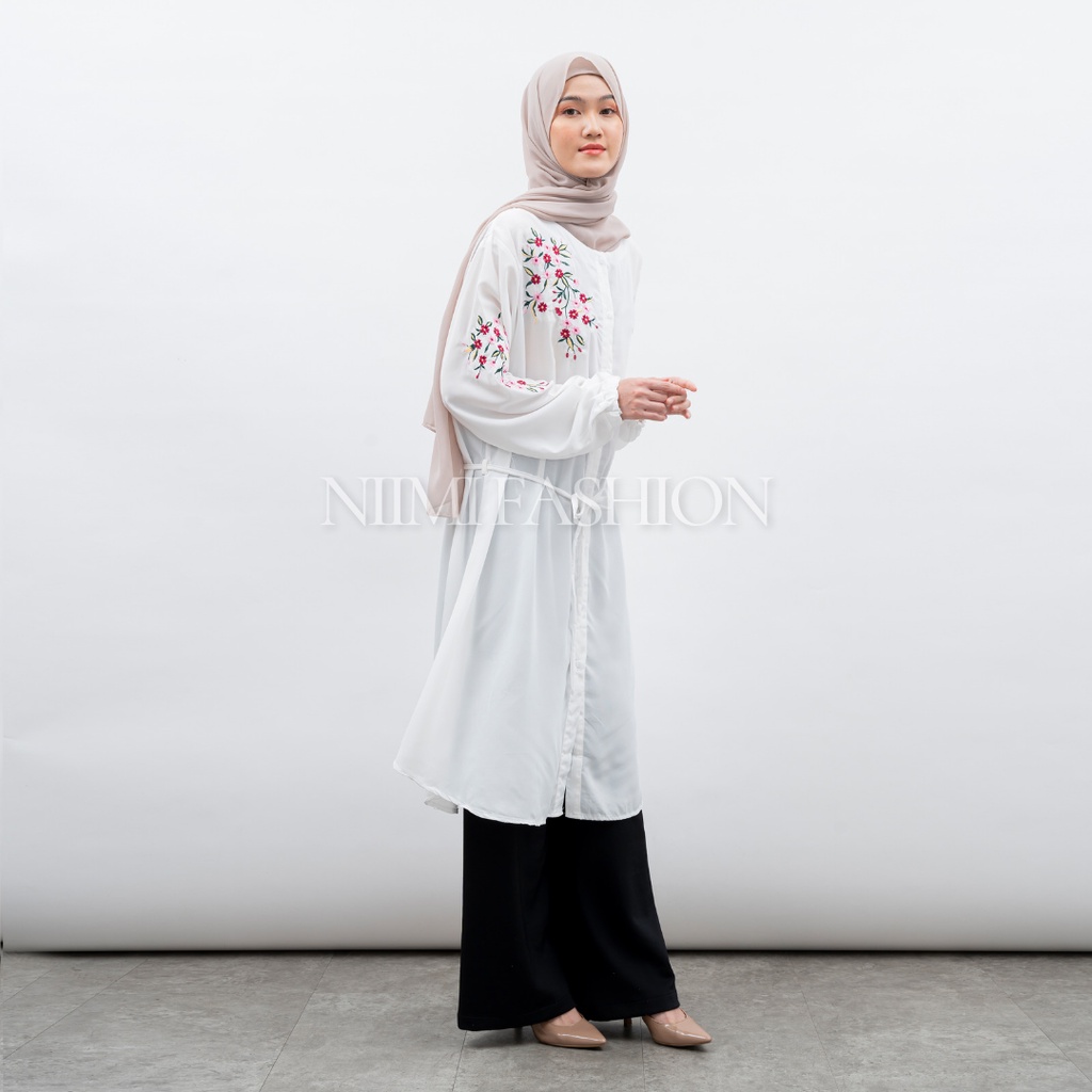 NIMI - Arsyila Midi Dres Tunik Putih Bordir Premium Atasan Long Tunik Putih Jumbo Bordir