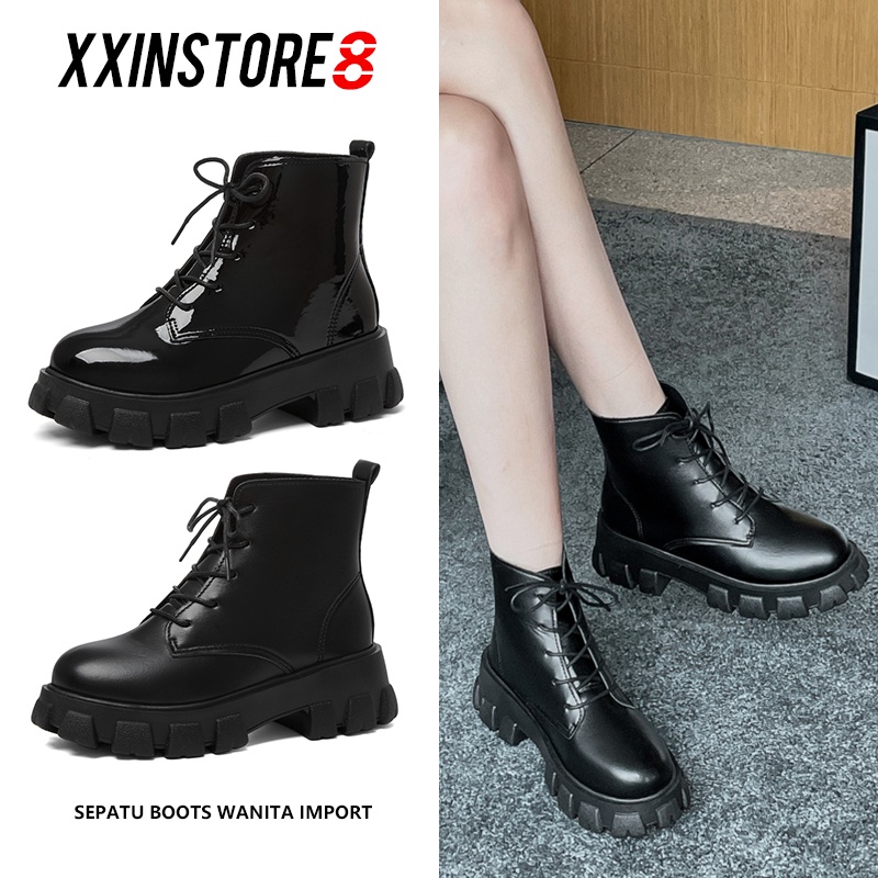 Sepatu bersol tebal JK Jepang renda hitam high-top Martin boots wanita Tinggi tumit 5 cm