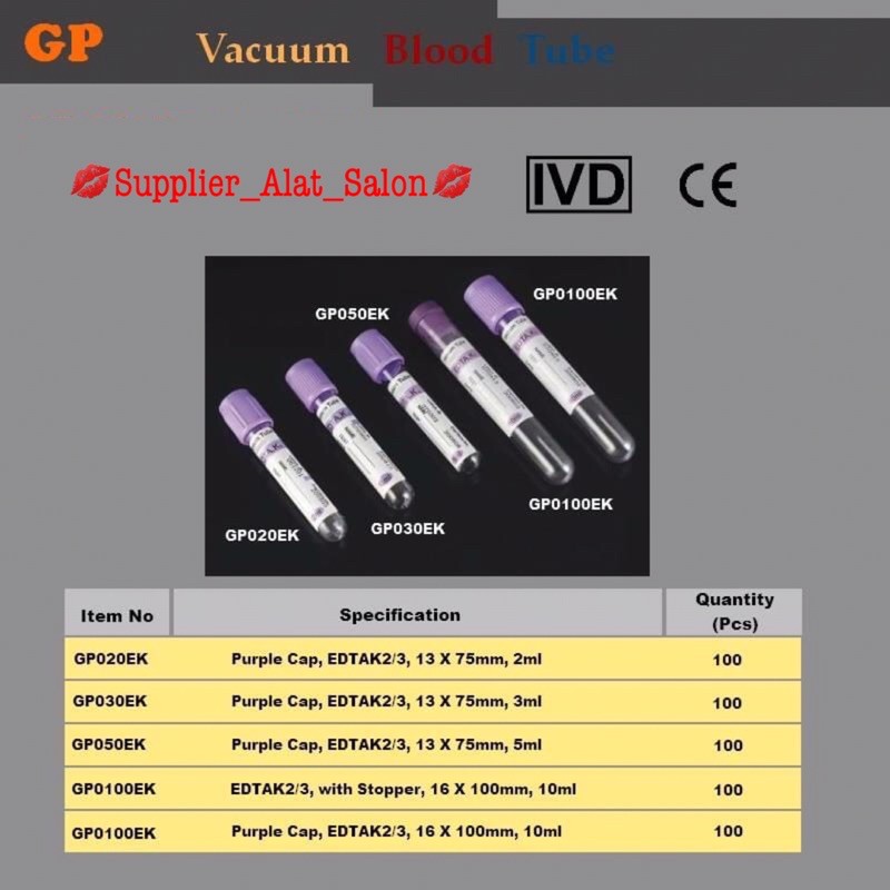 GP Vacuum Vacutainer Tube EDTA K3 PET 16x100 pcs Tabung Darah Edta vacum blood collection