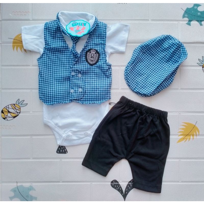 Baju bayi Newbron jumper romper Setelan kemeja laki laki cowok cwok Dasi set kotak 0 1 2 3 4 bulan-Biru
