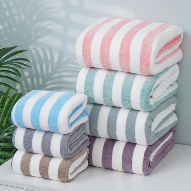 Handuk Mandi Microfiber Bulu 35x75cm 50x100cm 70x140cm Motif Salur Handuk Dewasa Handuk Anak Import Murah