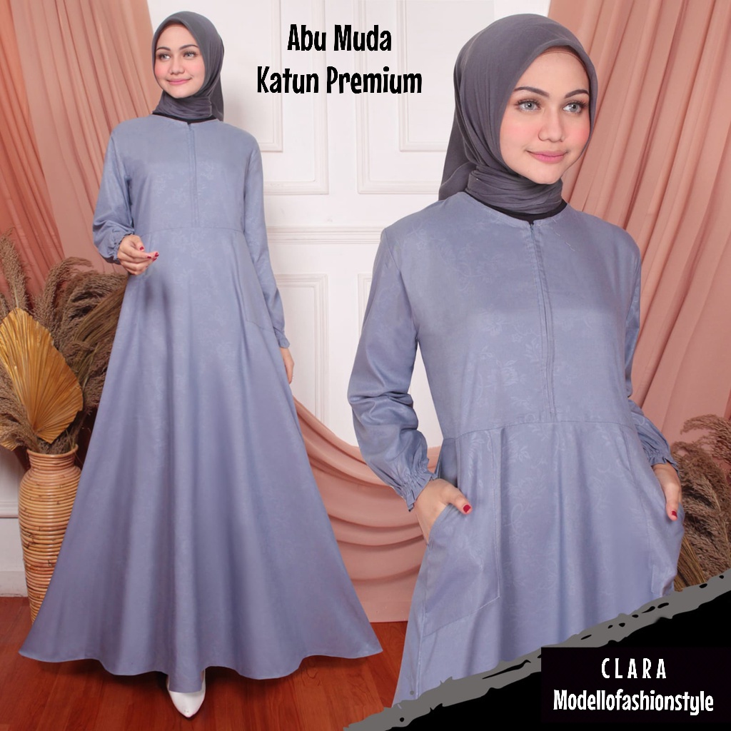 Clara - Gamis Dress L / XL Jumbo Polos Emboss Busui Bahan Katun 100% Berkualitas Warna Abu Abu Muda