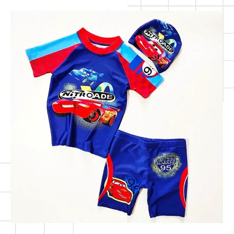 Setelan Baju Renang Anak Laki Laki  TK SD Import Premium McQueen Bahan Rashguard Melindungi Sinar UV 3Pcs Atasan Celana Topi