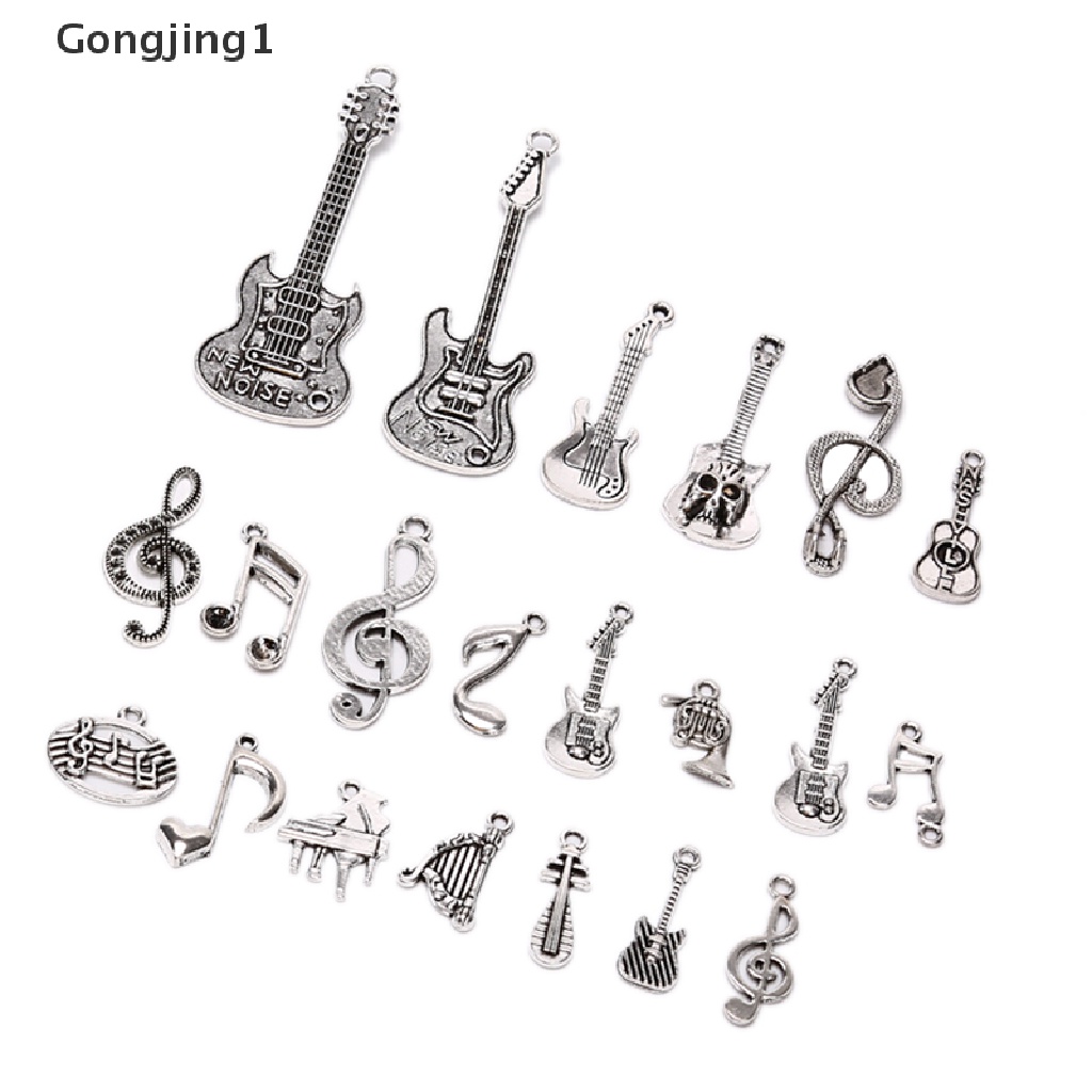 Gongjing1 21Pcs / Set Liontin Bentuk Gitar / Not Musik Bahan Alloy Gaya Vintage Untuk Perhiasan DIY