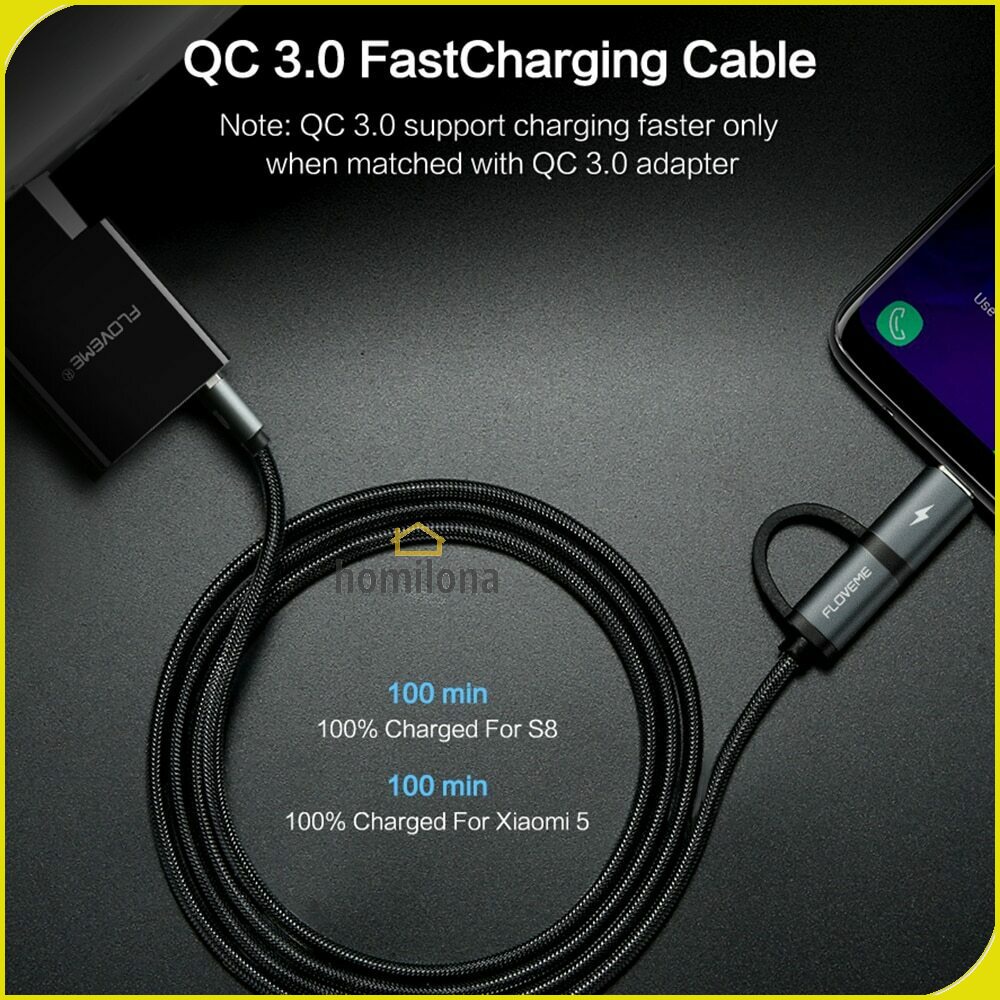 Kabel Charger 2 in 1 Micro USB + USB Type C QC3.0 2.8 A 100 cm - Floveme D38121 - Gray