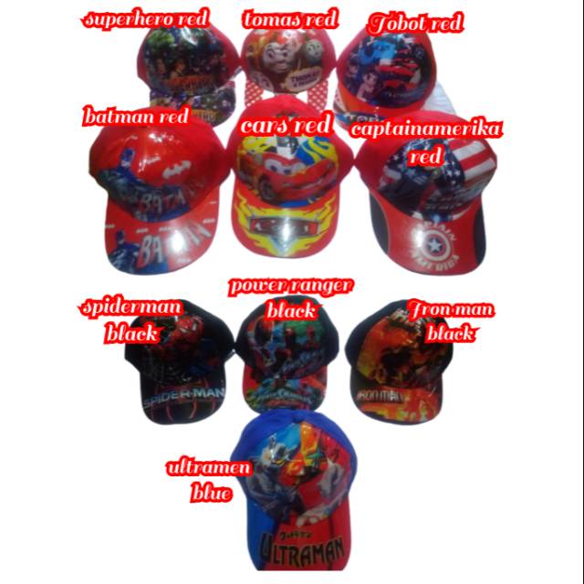 TOPI ANAK KARAKTER / TOPI SPIDERMAN /TOPI CAPTAIN AMERIKA/ TOPI CARS /TOPI TOMAS / TOPI ULTRAMEN