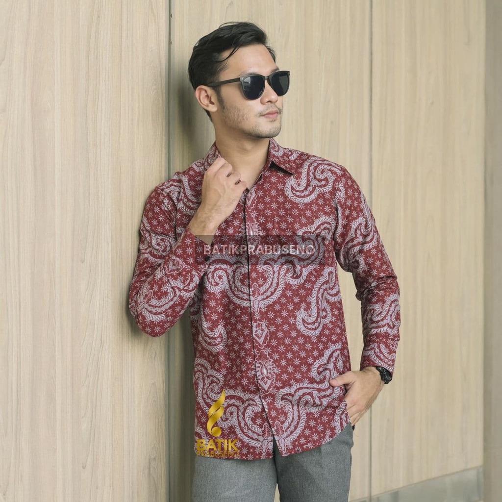 Batik Prabuseno - ZAKI MERAH Batik Pria Slim Fit Lengan Panjang Katun Prisima Full Furing Adem Halus