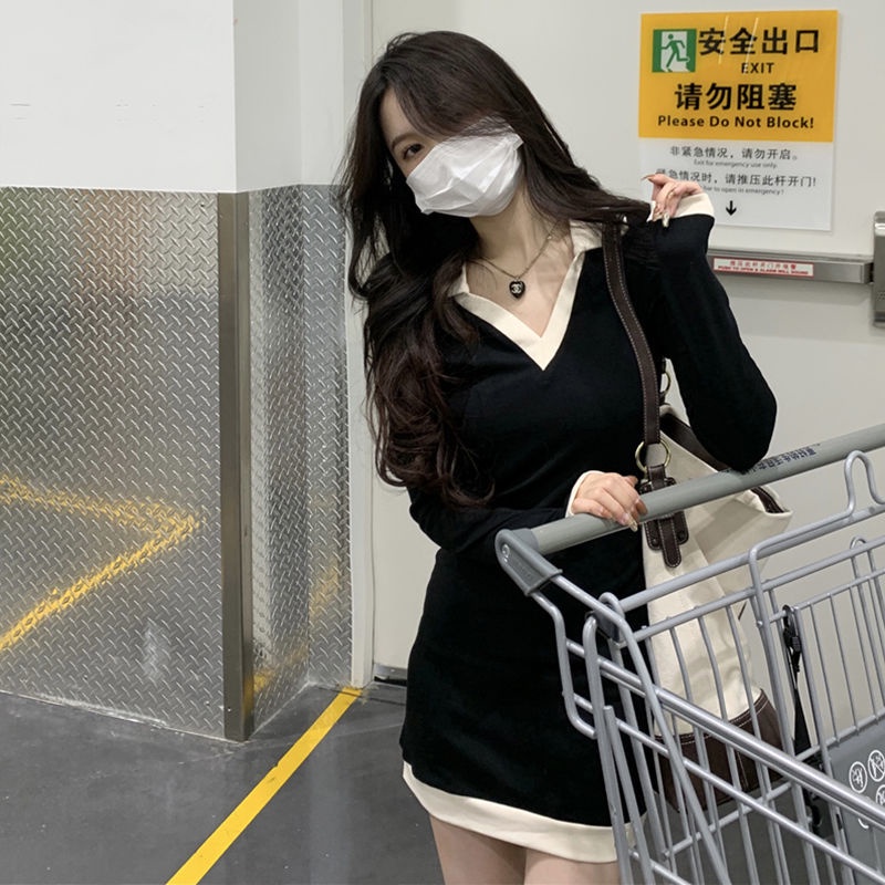 gaun gaya korea POLO kerah gaun wanita musim semi hitam rajutan tas ramping rok lengan panjang pingg