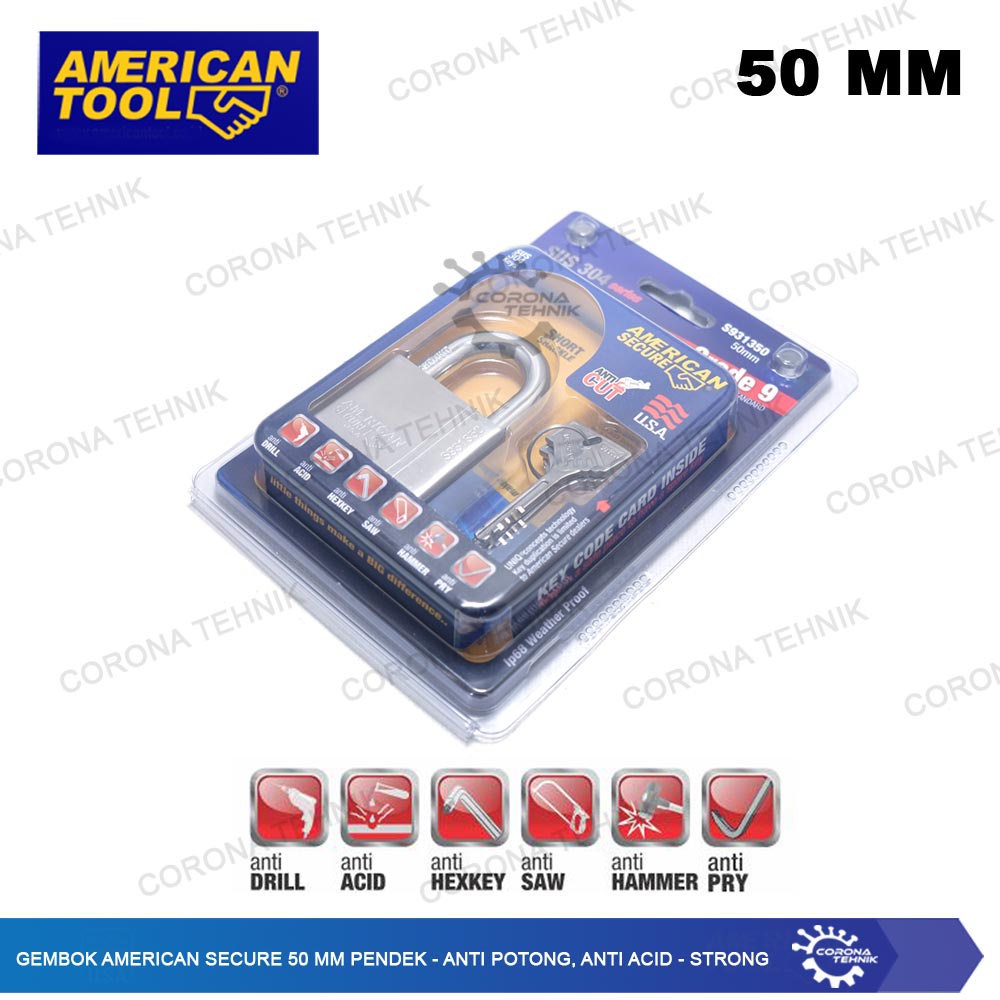 American - Gembok Secure 50 mm Pendek - Anti Potong, Anti Acid - Strong