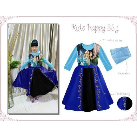 BIG SALE 2025 GAMIS IMPORT ANAK LEBARAN Kids Happy Gamis Anna Elsa Blue + Pashmina